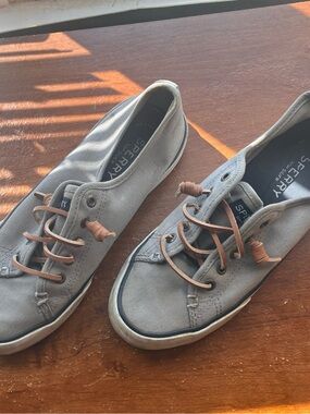 Sperry Gray Canvas Slip-On Sneakers with Brown Laces Size 6.5